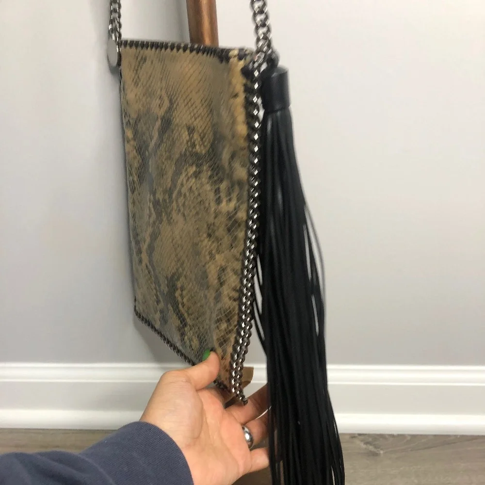Stella McCartney Embossed Snake Print Flat Crossbody Bag w Tassel Italy - Picture 4 of 9